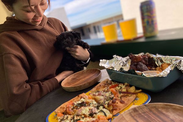 Pizza Port Brewing_Beer with cups and Pizza and dog_image 1