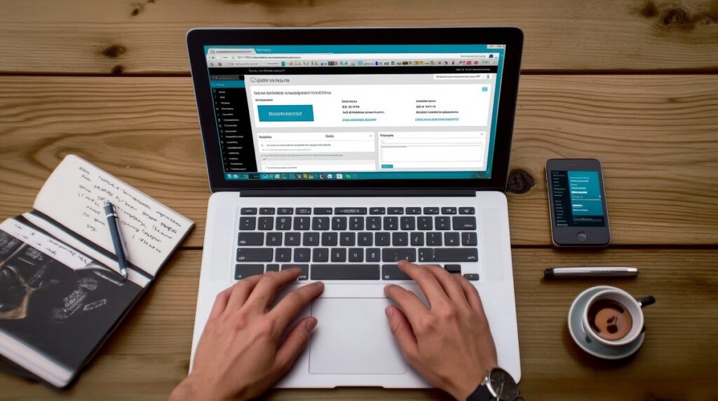 ノートパソコンでウェブサイト管理画面を操作する手
