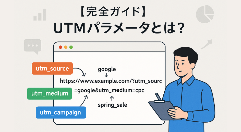 UTMパラメータの構造を説明するイラスト。男性キャラクターがクリップボードを持ちながら、ブラウザ風の画面上に 'utm_source'、'utm_medium'、'utm_campaign' の各パラメータとその役割を示している。