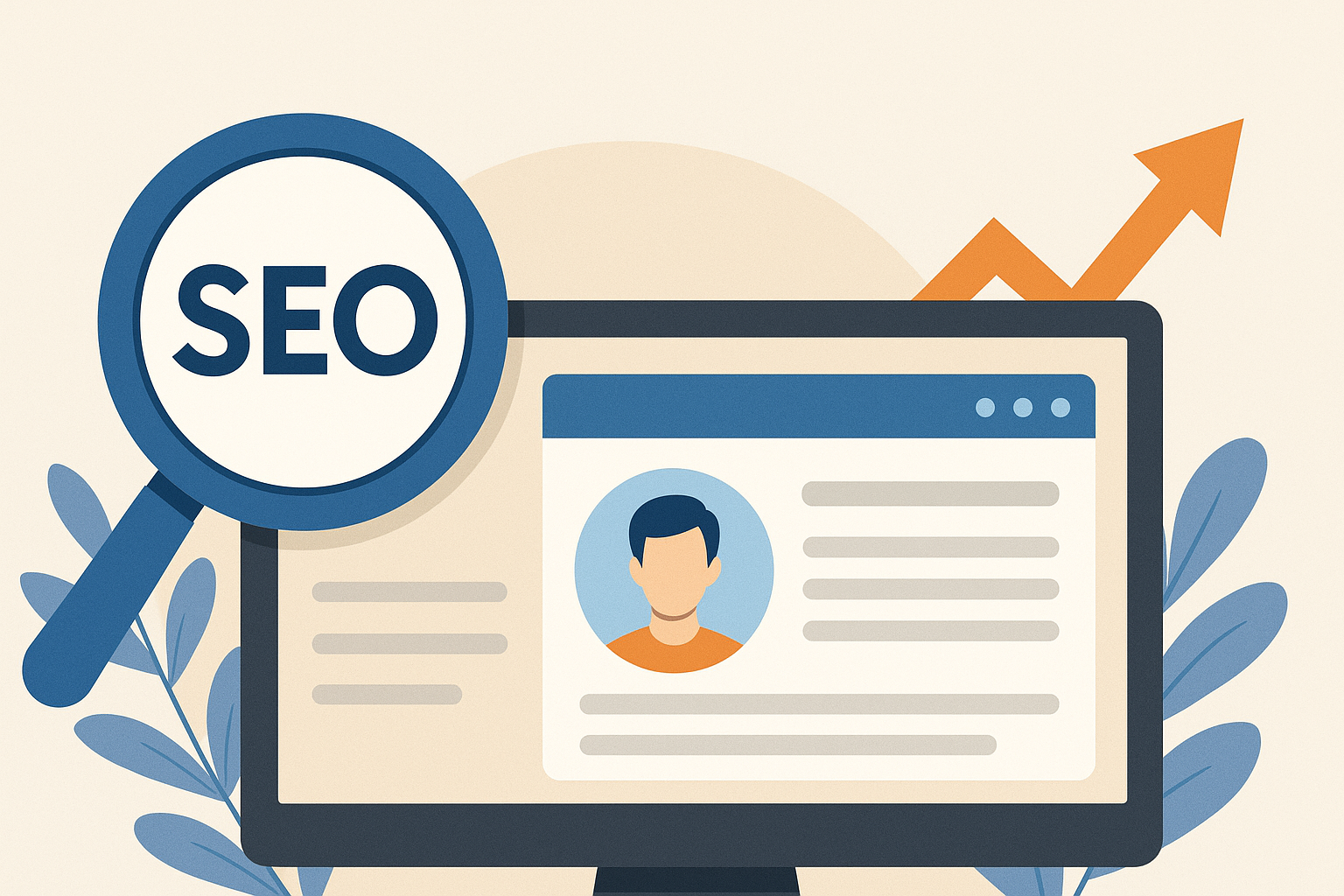 SEO効果を高める著者情報の重要性を表現したイラスト。コンピューター画面に著者プロフィールが表示され、拡大鏡と成長を示す矢印が描かれている。