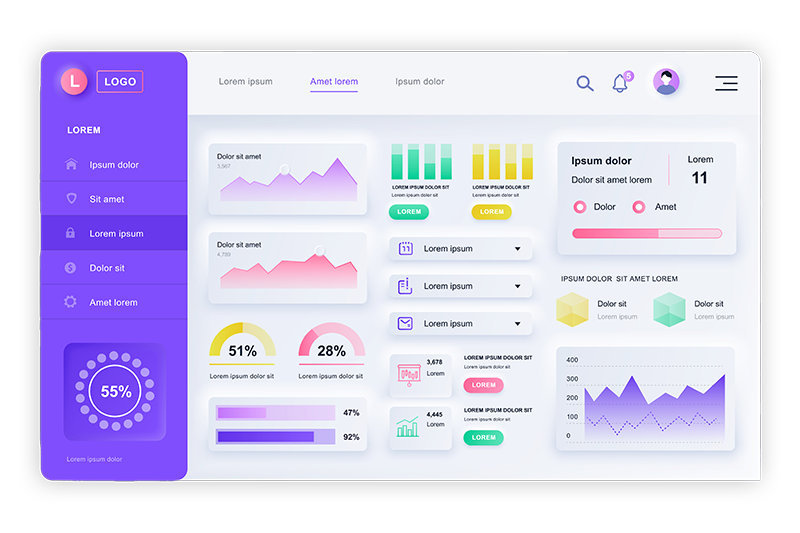 Colorful modern user interface dashboard screen mockup with charts, graphs, progress bars and navigation menu