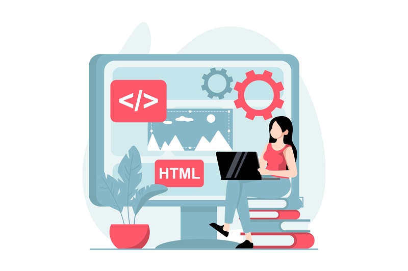 Illustration of a woman sitting on a book while using a laptop in front of a large screen displaying HTML and coding elements