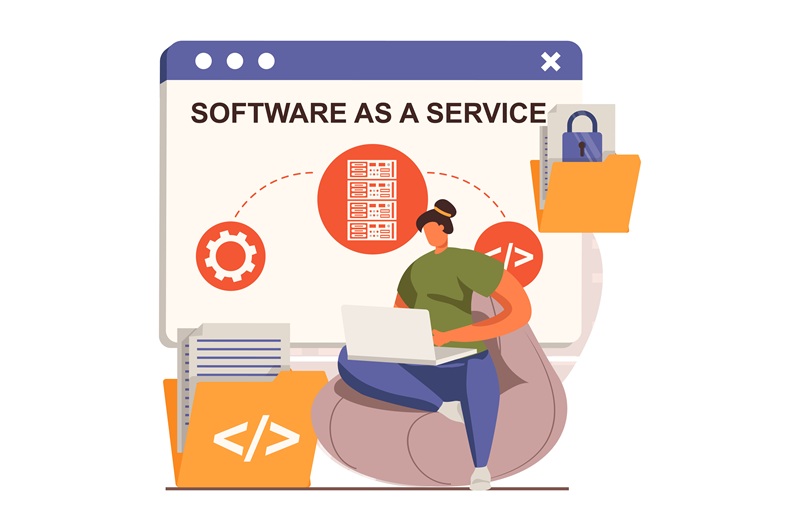 Illustration of a person using a laptop in front of a large screen that reads "Software as a Service." Includes icons of code, server and security