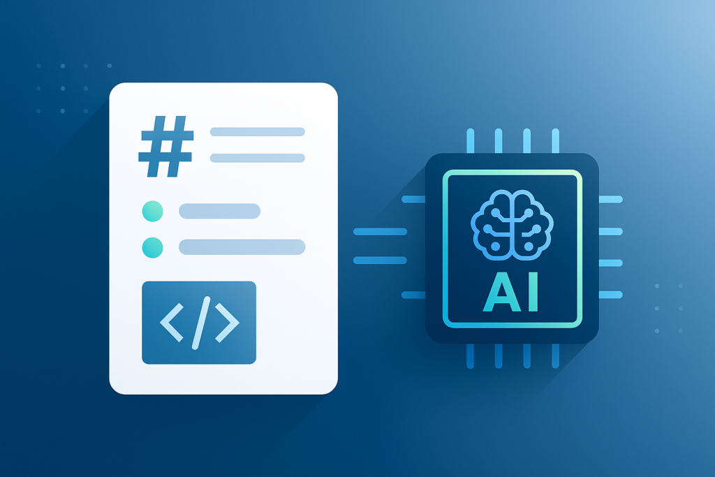 Markdownの見出しや箇条書きが表示されたドキュメントと、AIチップをモチーフにしたアイコンを並べたイラスト。