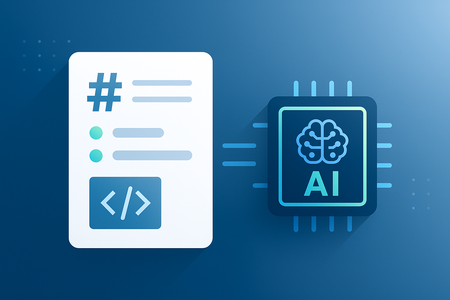 Markdownの見出しや箇条書きが表示されたドキュメントと、AIチップをモチーフにしたアイコンを並べたイラスト。