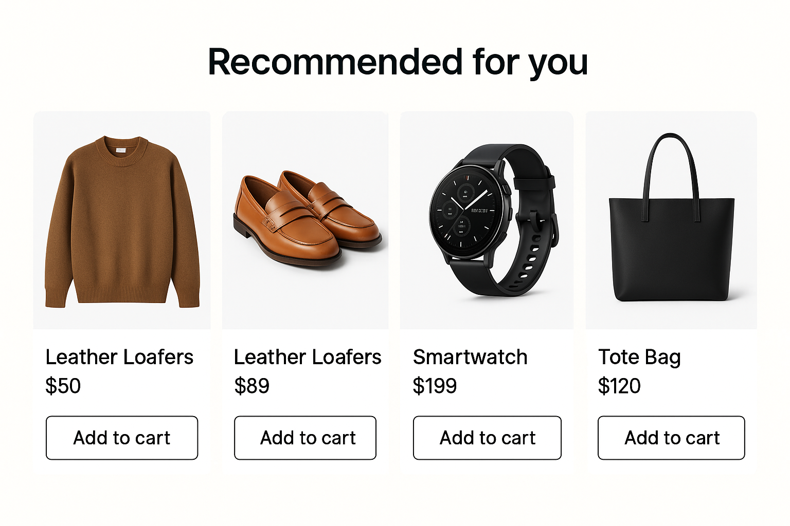 おすすめ商品コンポーネントのUI例（タグ：あなたにおすすめ／最近チェックした商品）