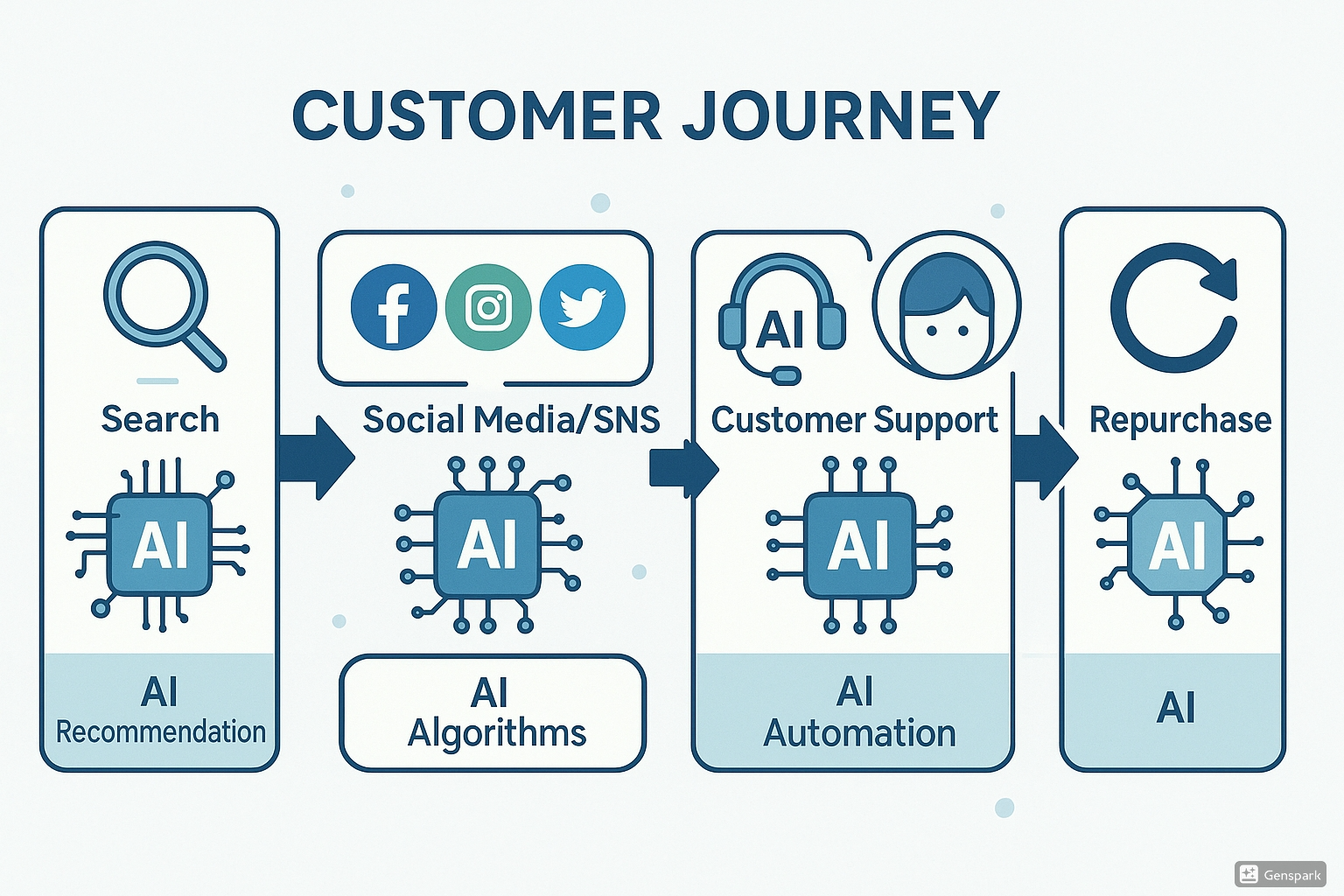 AIが関与する顧客ジャーニー（検索→SNS→EC→サポート→再購入）の図解