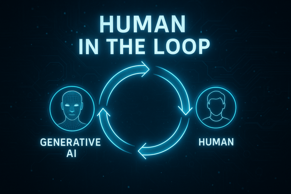 「HUMAN IN THE LOOP」の文字とともに、生成AIと人間を矢印で循環的につなぐサイクルを示した近未来的なブルーネオン風の図解イメージ。左にAIの線画アイコン、右に人間の線画アイコンが配置され、AIと人間が相互に関与するワークフローを象徴的に表現している。