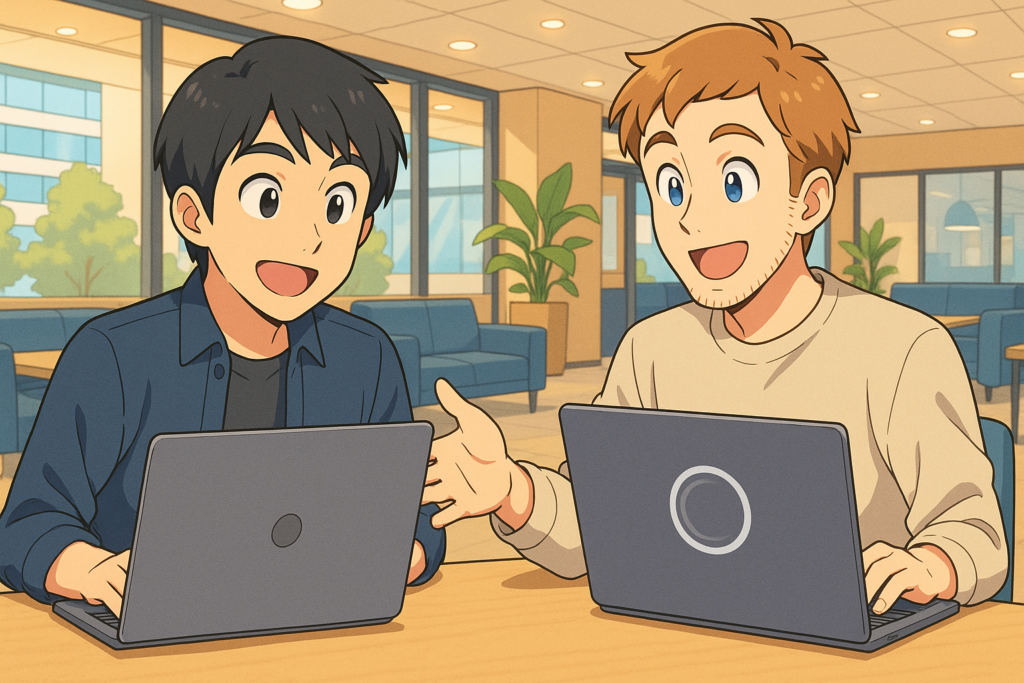 明るい現代的なオフィスで、2人の若手ITエンジニアが並んでノートパソコンを操作しているアニメ風イラスト。日本人エンジニアと白人エンジニアが互いの画面を見ながら楽しそうに会話している様子が描かれている。