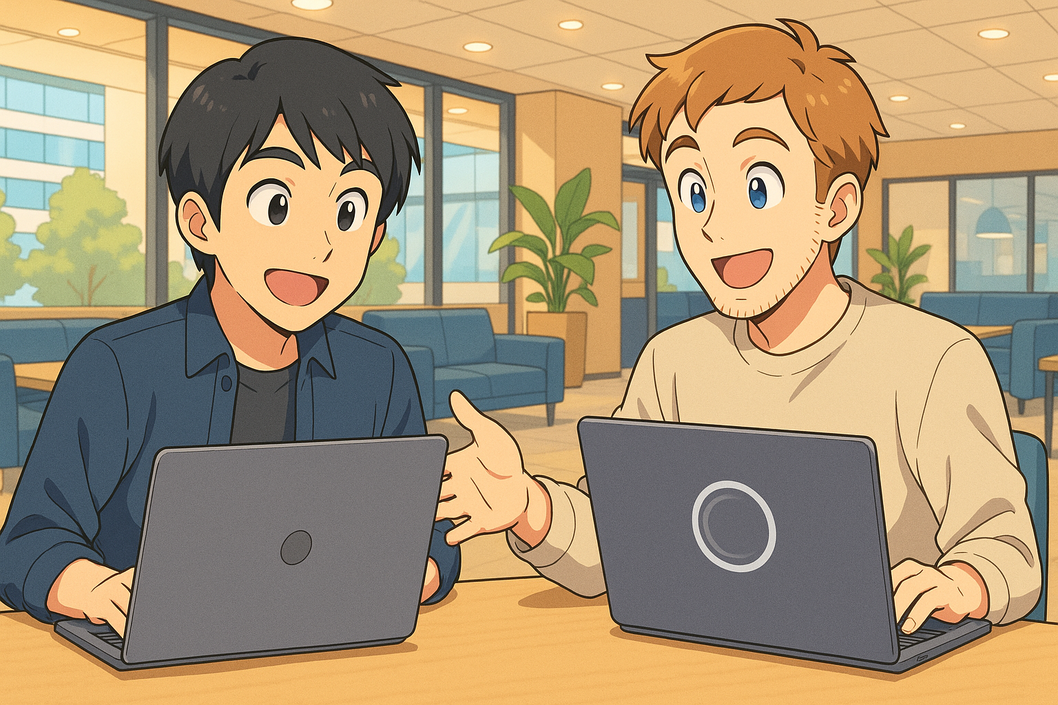 明るい現代的なオフィスで、2人の若手ITエンジニアが並んでノートパソコンを操作しているアニメ風イラスト。日本人エンジニアと白人エンジニアが互いの画面を見ながら楽しそうに会話している様子が描かれている。