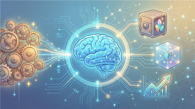 中央に光る脳のアイコンがあり、左側には複雑に噛み合う歯車、右側には金庫、シールド、上昇グラフが配置された、AIとビジネス・セキュリティの連携を示すコンセプトイラスト。