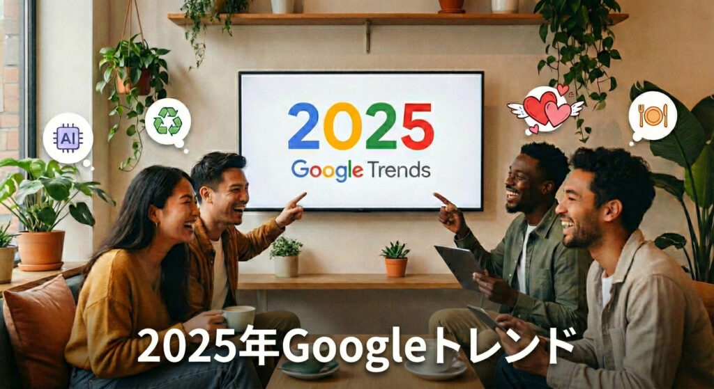男女4人が「2025 Google Trend」という文字が表示されたテレビ画面を指さして話している