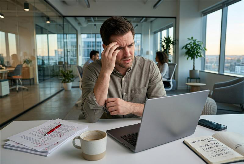 モダンなオフィスで、額に手を当ててラップトップを見つめ、ストレスを感じている男性。彼のデスクには赤ペンで修正された書類があります。