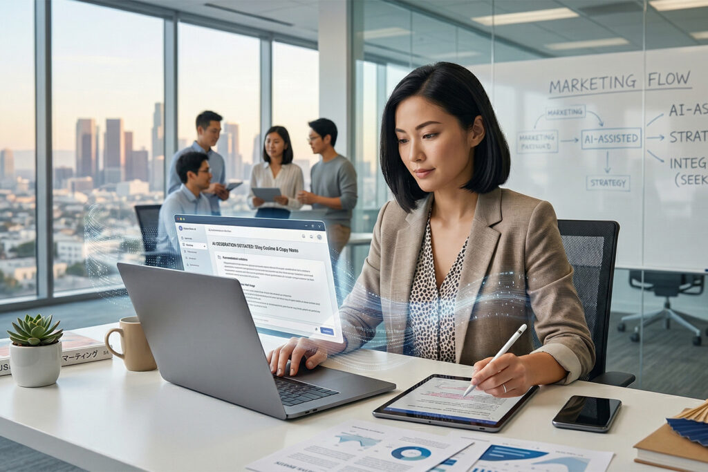夕暮れの現代的オフィスで、アジア人女性のマーケティングプロフェッショナルがAIアシストされた戦略に取り組んでいる様子