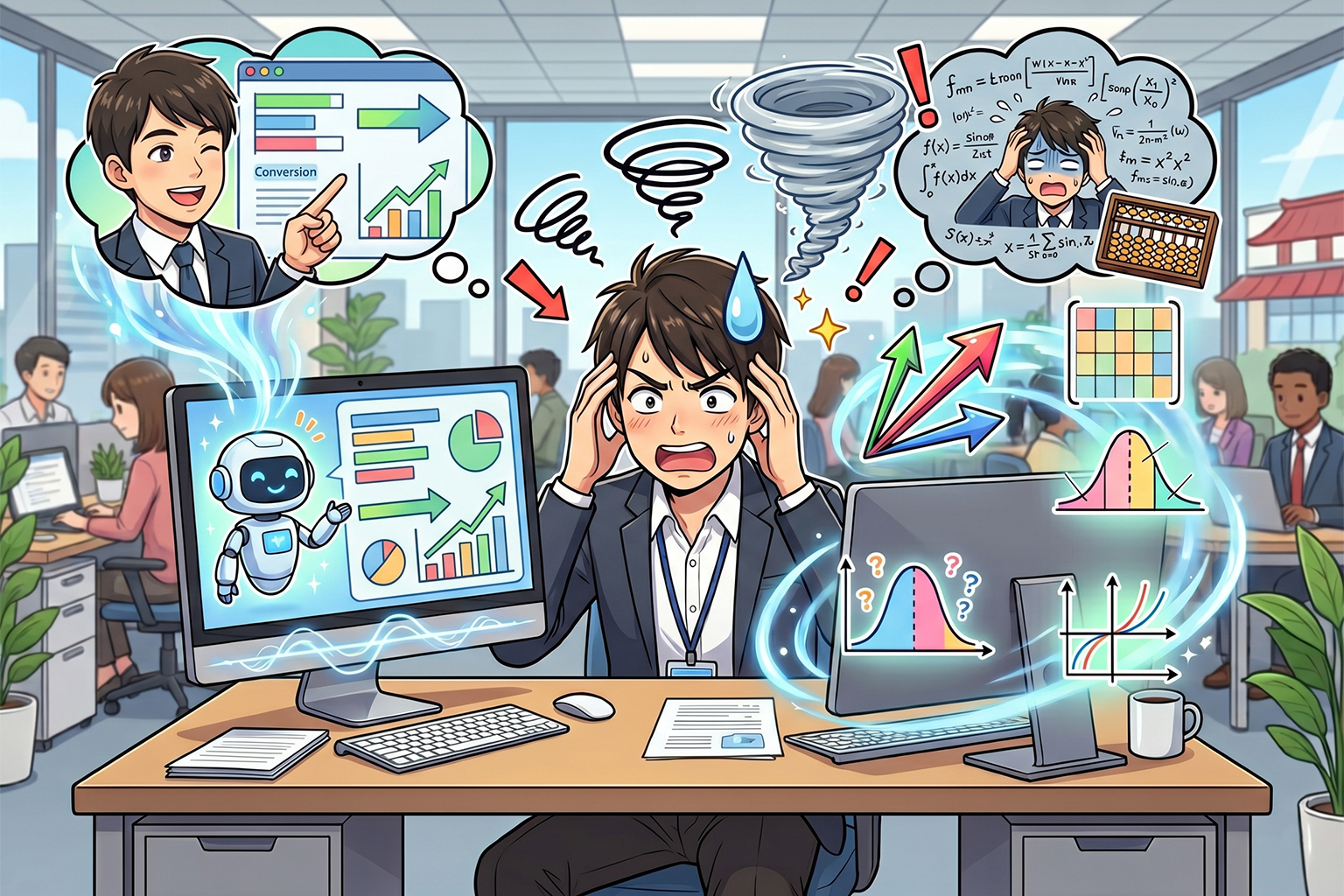 生成AIの理想と数学的な仕組みのギャップに頭を抱える男性マーケターのアニメ調イラスト。左側にはAIで成果を出す笑顔のイメージ、右側には複雑な数式やデータに苦悩する様子が対比して描かれている。