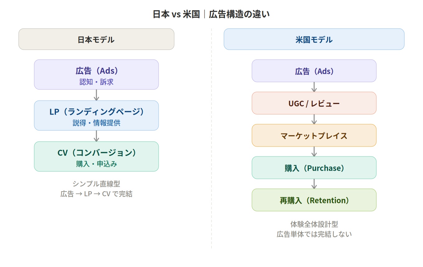 日本と米国の広告導線の違い。日本は広告からLP・CVへ進む一方、米国はSNS・レビュー・比較・EC・継続利用を含む複数接点の購買プロセスが購買判断に影響することを示した図