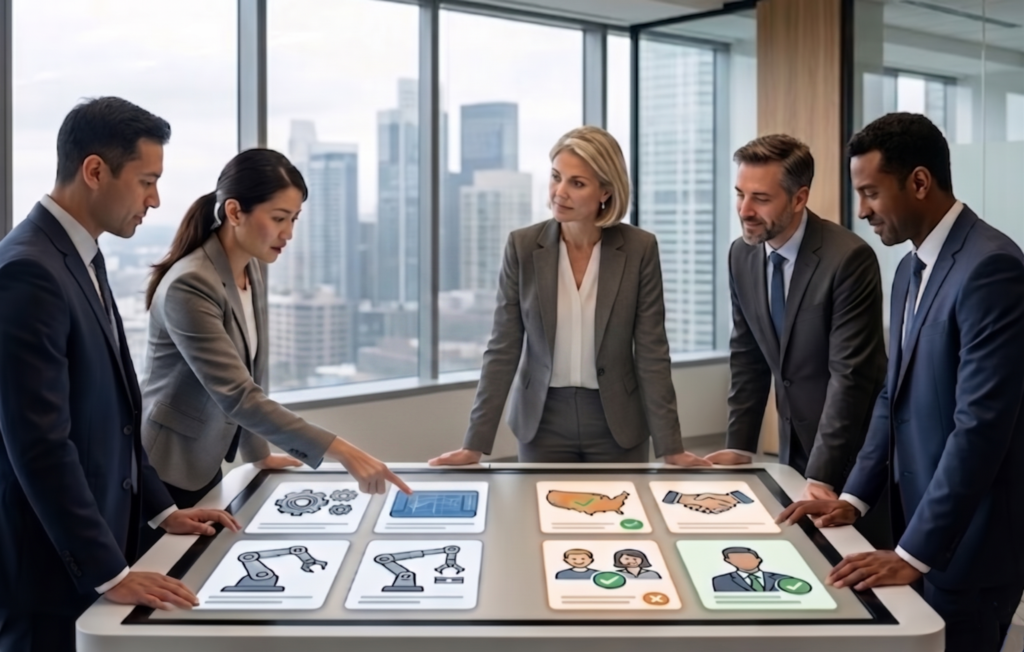 Business team comparing Japanese technical capabilities with U.S. market support signals, including local presence, trusted contacts, and buyer confidence factors.