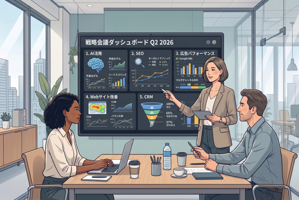 an illustration of B2B marketing strategy meeting, reviewing AI, SEO, advertising performance, website optimization, and CRM metrics