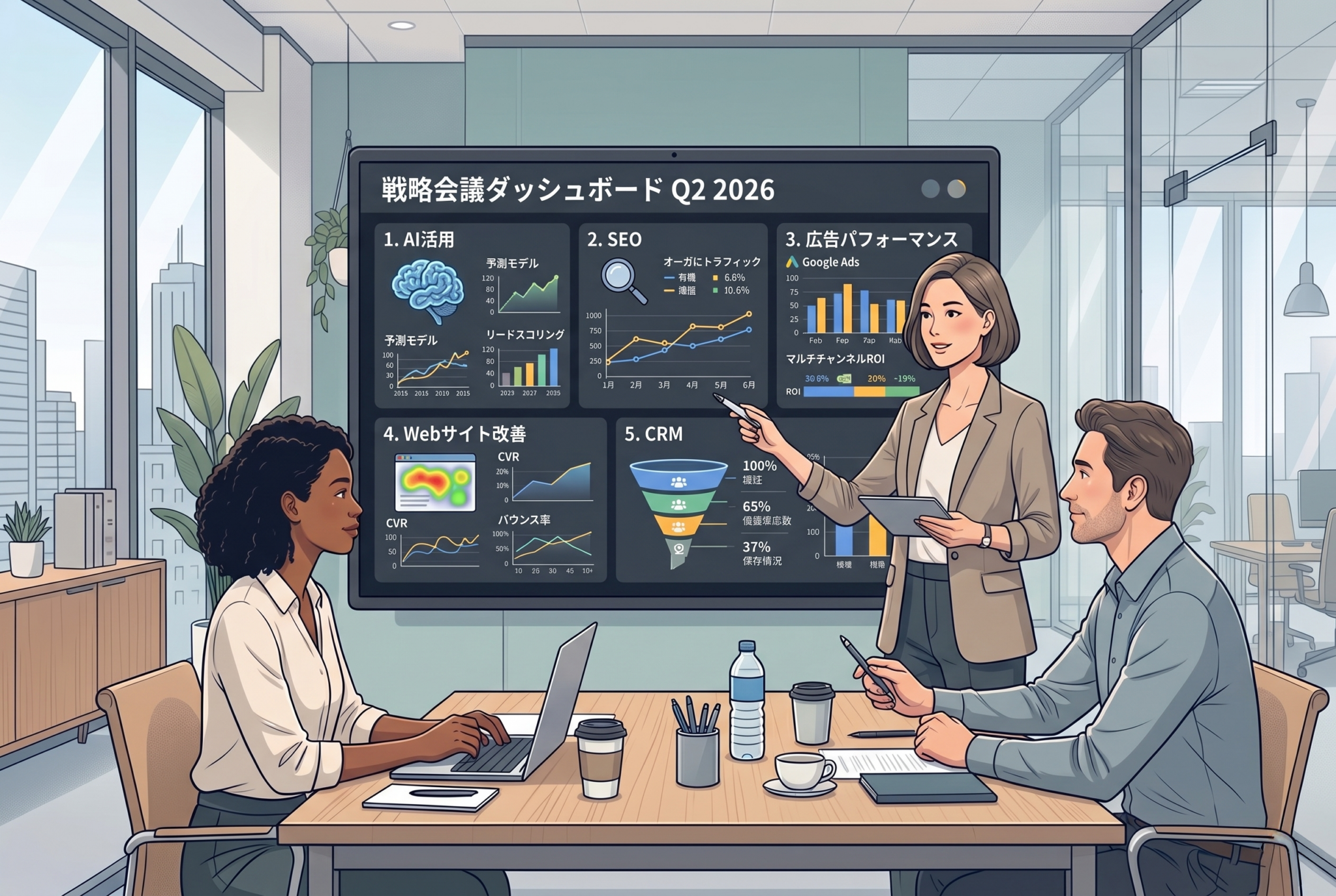 an illustration of B2B marketing strategy meeting, reviewing AI, SEO, advertising performance, website optimization, and CRM metrics