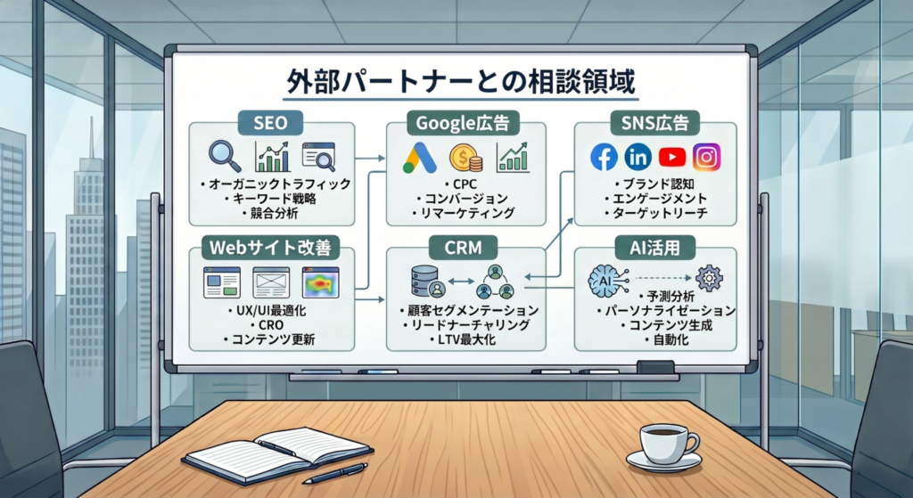 An illustration of key areas to consult an external marketing partner about, including SEO, Google Ads, social media advertising, website optimization, CRM, and AI.