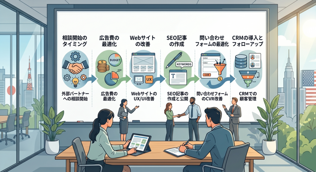 米国日系企業のマーケティング改善プロセスとして、外部パートナーへの相談開始から広告費、Webサイト、SEO記事、問い合わせフォーム、CRM改善までを示したイラスト。