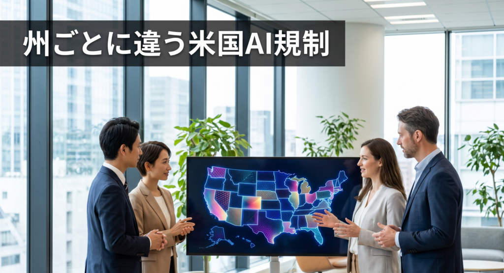 「州ごとに違う米国AI規制」をテーマに、米国の地図が映ったモニターを見ながら議論するビジネスパーソン