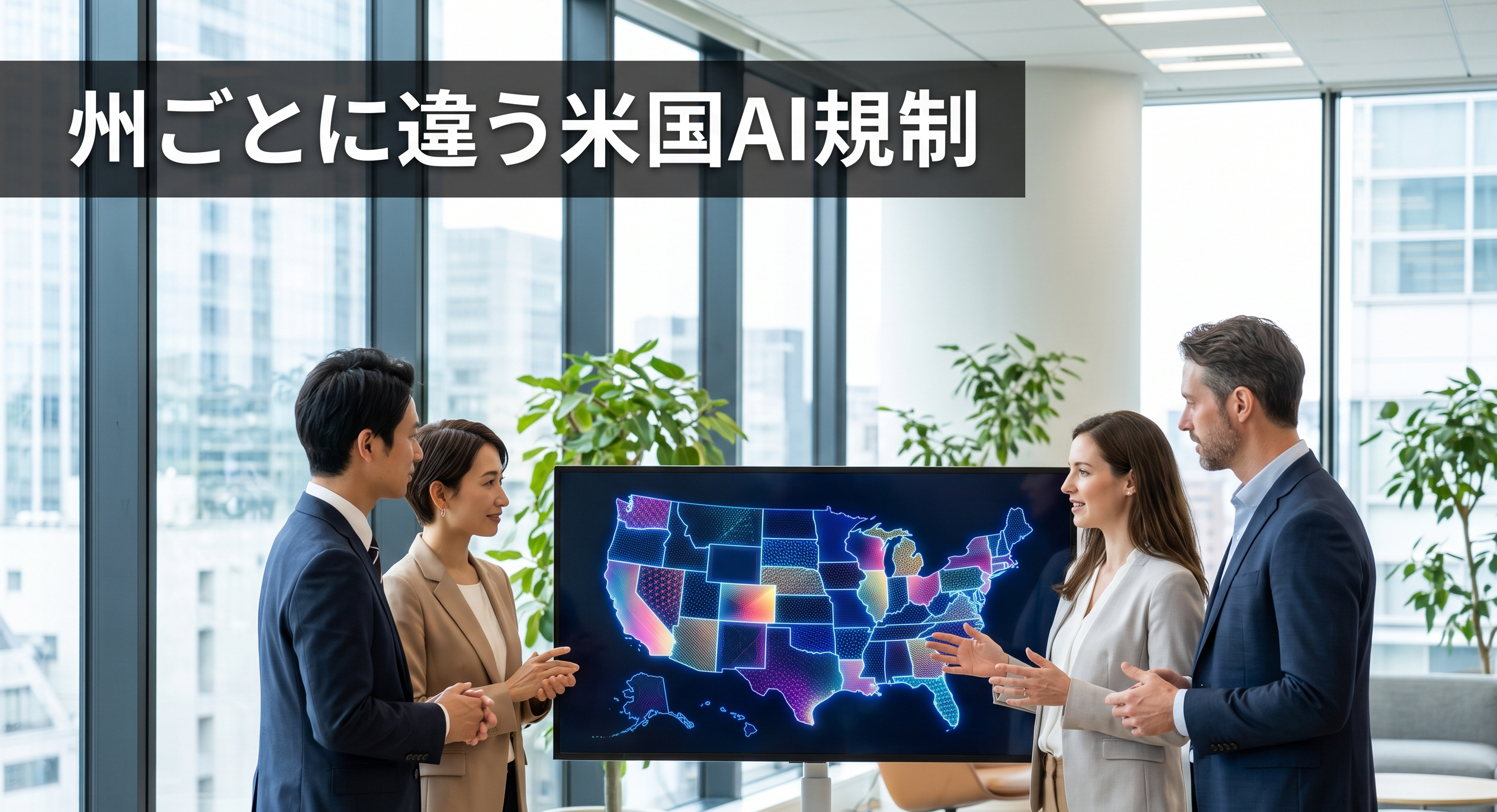 「州ごとに違う米国AI規制」をテーマに、米国の地図が映ったモニターを見ながら議論するビジネスパーソン