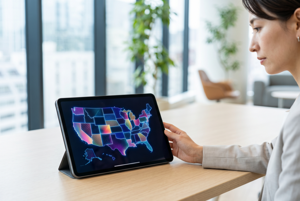 州別の状況を示すアメリカ地図をタブレットで見るビジネスパーソン