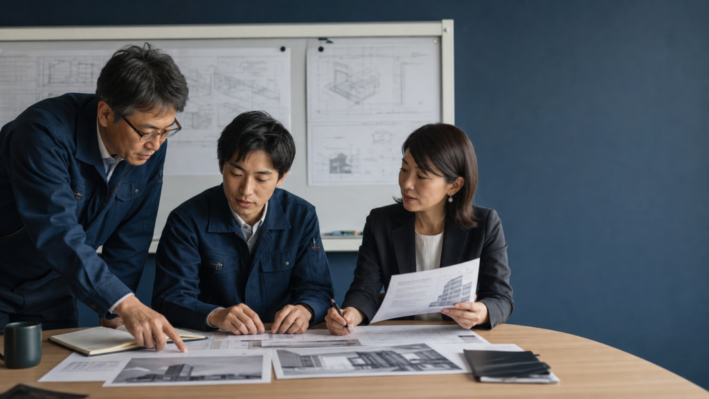 Japanese engineering and business team reviewing technical drawings and project documentation together during a collaborative workshop.