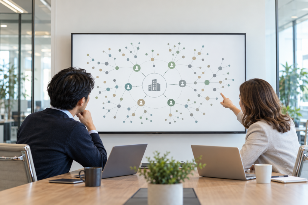 会社から社員のつながりを通じて情報が広がるネットワーク図を、大型モニターで確認するマーケティング担当者2名。
