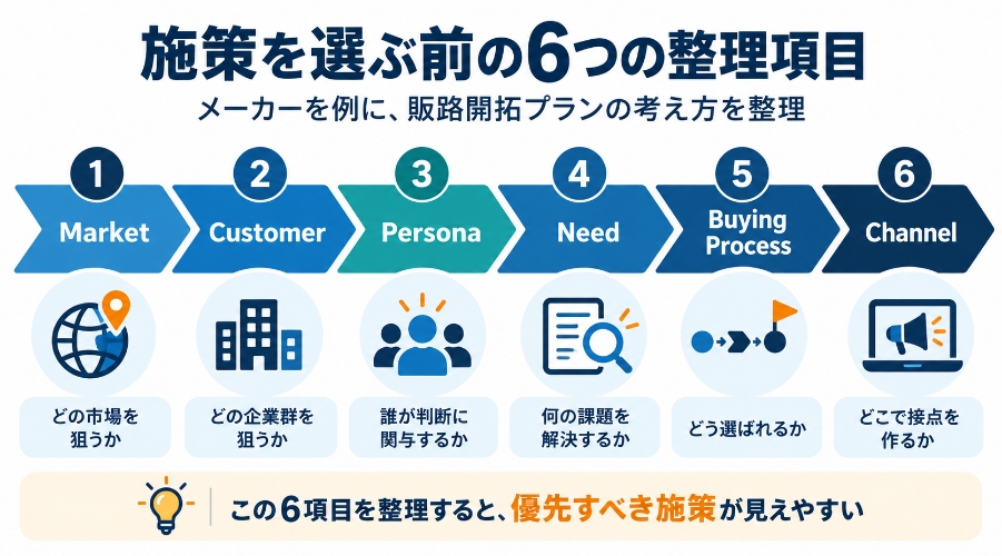 米国販路開拓で施策を選ぶ前に整理するMarket、Customer、Persona、Need、Buying Process、Channelの6項目