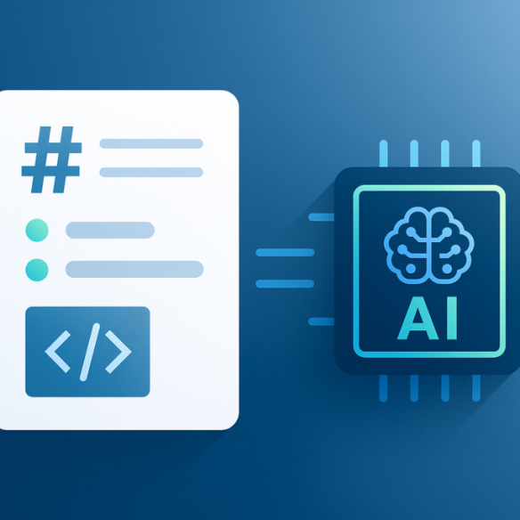 Markdownの見出しや箇条書きが表示されたドキュメントと、AIチップをモチーフにしたアイコンを並べたイラスト。