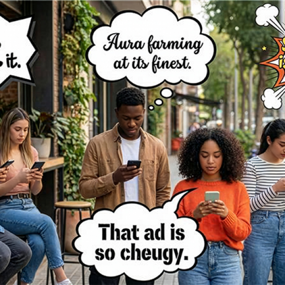 屋外のカフェのような場所で、一列に並んでスマートフォンを熱心に見つめる6人の若者のグループ。彼らの頭上には、Z世代やα世代のスラングを使った吹き出しが表示されている。左から『No cap, this vibe is it.（マジでこの雰囲気最高）』、中央の男性の思考として『Aura farming at its finest.（オーラ稼ぎの極みだ）』、手前の女性の思考として『That ad is so cheugy.（あの広告、すごく時代遅れ）』、そして右端には爆発のような吹き出しで『Skibidi toilet is still funny, right?（スキビディ・トイレってまだ面白いよね？）』というテキストが書かれている。