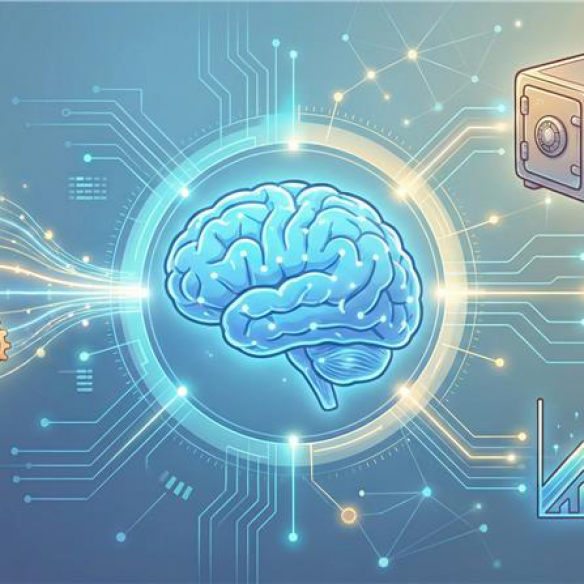 中央に光る脳のアイコンがあり、左側には複雑に噛み合う歯車、右側には金庫、シールド、上昇グラフが配置された、AIとビジネス・セキュリティの連携を示すコンセプトイラスト。