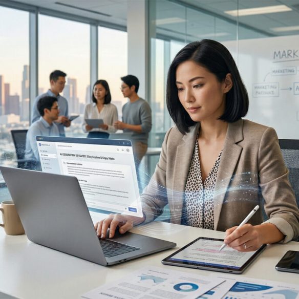 夕暮れの現代的オフィスで、アジア人女性のマーケティングプロフェッショナルがAIアシストされた戦略に取り組んでいる様子