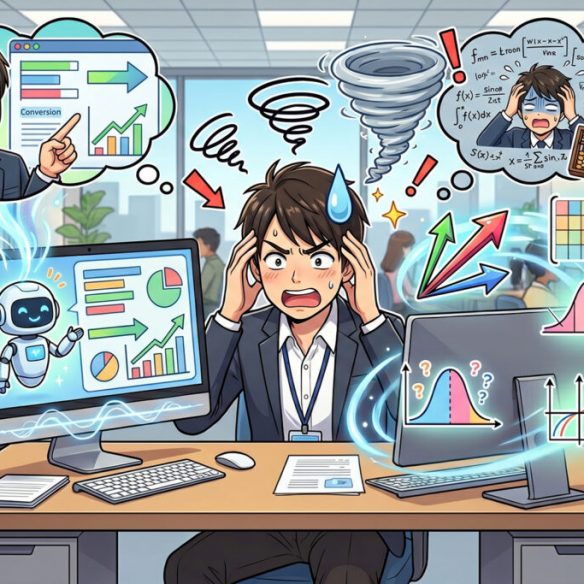 生成AIの理想と数学的な仕組みのギャップに頭を抱える男性マーケターのアニメ調イラスト。左側にはAIで成果を出す笑顔のイメージ、右側には複雑な数式やデータに苦悩する様子が対比して描かれている。