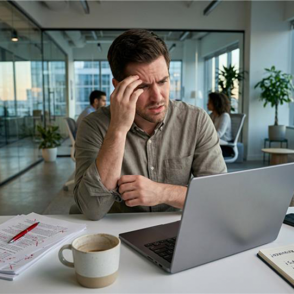 モダンなオフィスで、額に手を当ててラップトップを見つめ、ストレスを感じている男性。彼のデスクには赤ペンで修正された書類があります。