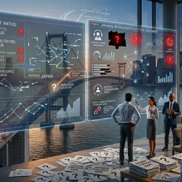 Futuristic business risk dashboard showing uncertainty between Japan and U.S. operations, including ambiguous support paths, information gaps, and supplier risk signals.