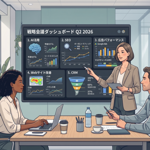 an illustration of B2B marketing strategy meeting, reviewing AI, SEO, advertising performance, website optimization, and CRM metrics