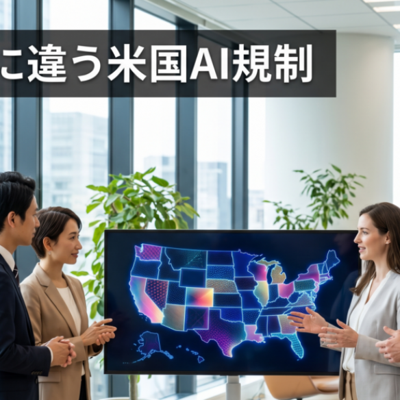 「州ごとに違う米国AI規制」をテーマに、米国の地図が映ったモニターを見ながら議論するビジネスパーソン
