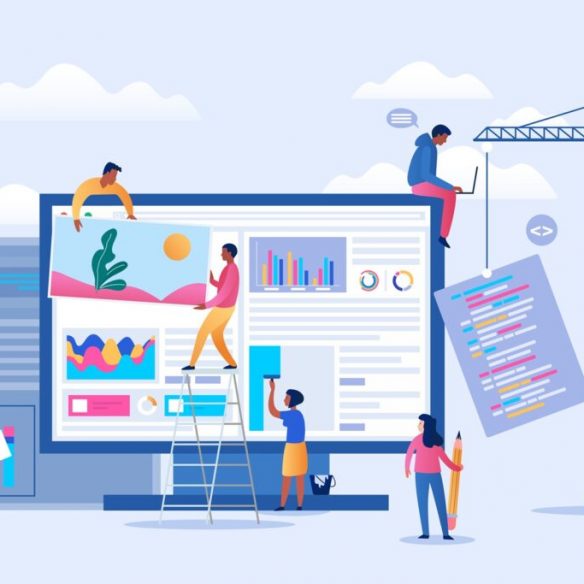 大型ディスプレイに表示されたウェブサイトを、画像・グラフ・コードで協力して作成している人物たちのイラスト
